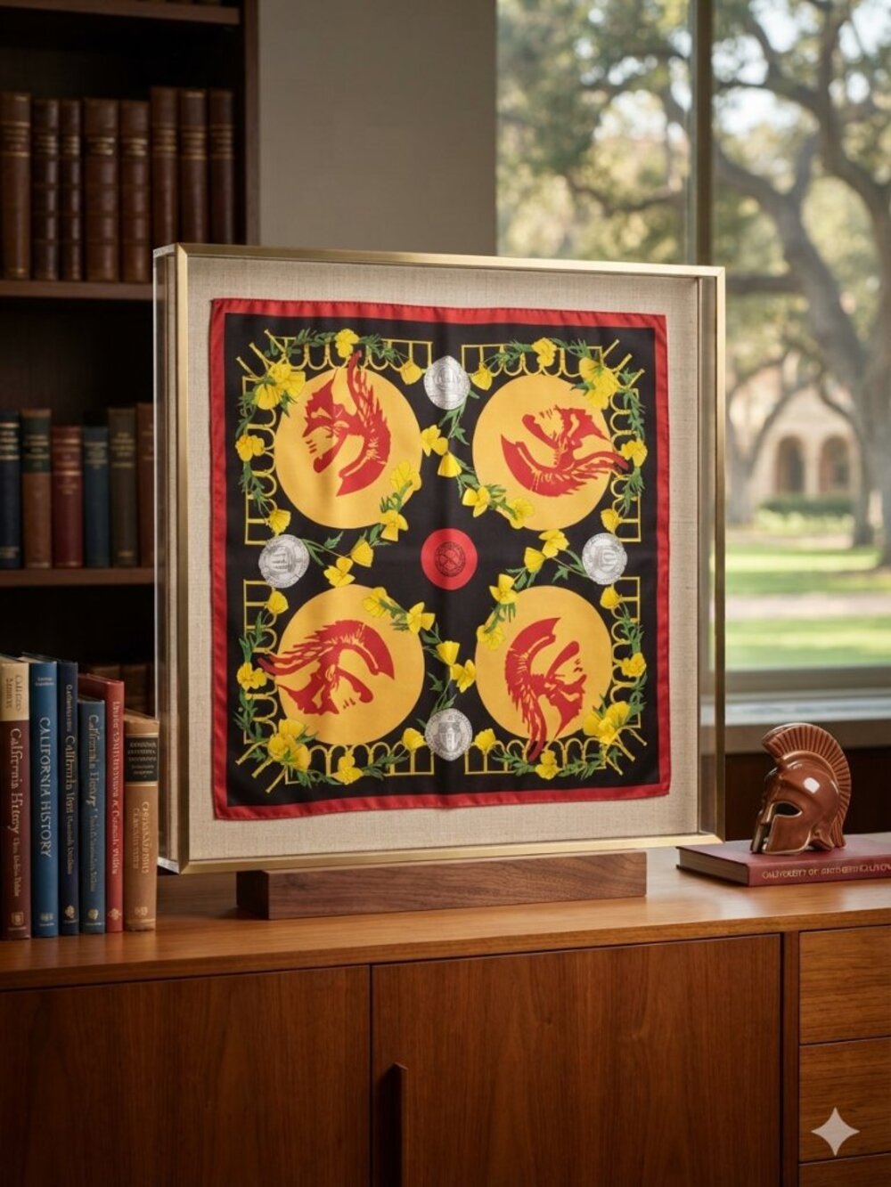 USC 100% Silk Scarf by J. Matz. Trojan and Yellow California poppies